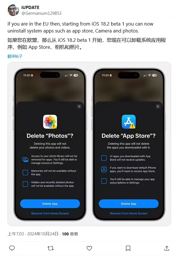 廊坊苹果手机维修分享iOS 18.2 支持删除 App Store 应用商店 