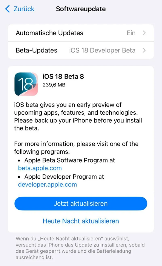 廊坊苹果手机维修分享苹果 iOS / iPadOS 18 开发者预览版 Beta 8 发布 